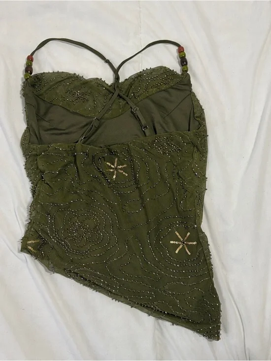 Mesh Cowl Neck Floral Beading Sequin Cami Top - Picture 6 of 8